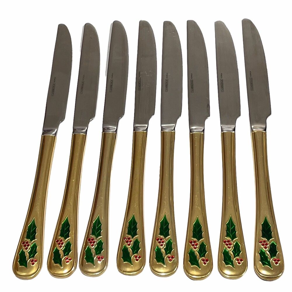 Cambridge HOLLY BERRY Set of 8 Dinner Knives Gold Plated Christmas Holiday